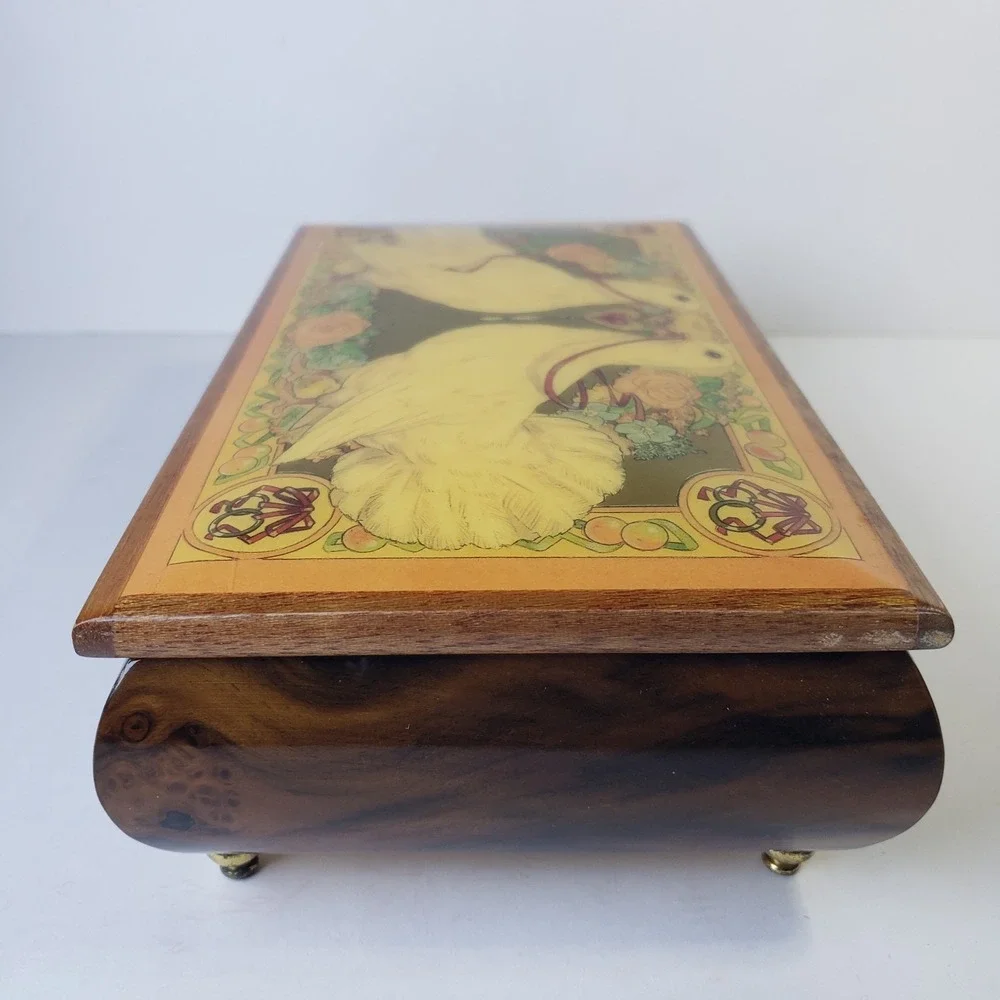 Vintage Reuge Swiss Musical Movement Lefton Jewelry Box Glossy Wood with Doves